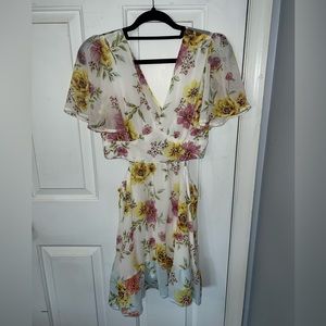 Floral Print Butterfly Sleeve Cut Out Tie Back Ruffle Hem Dress